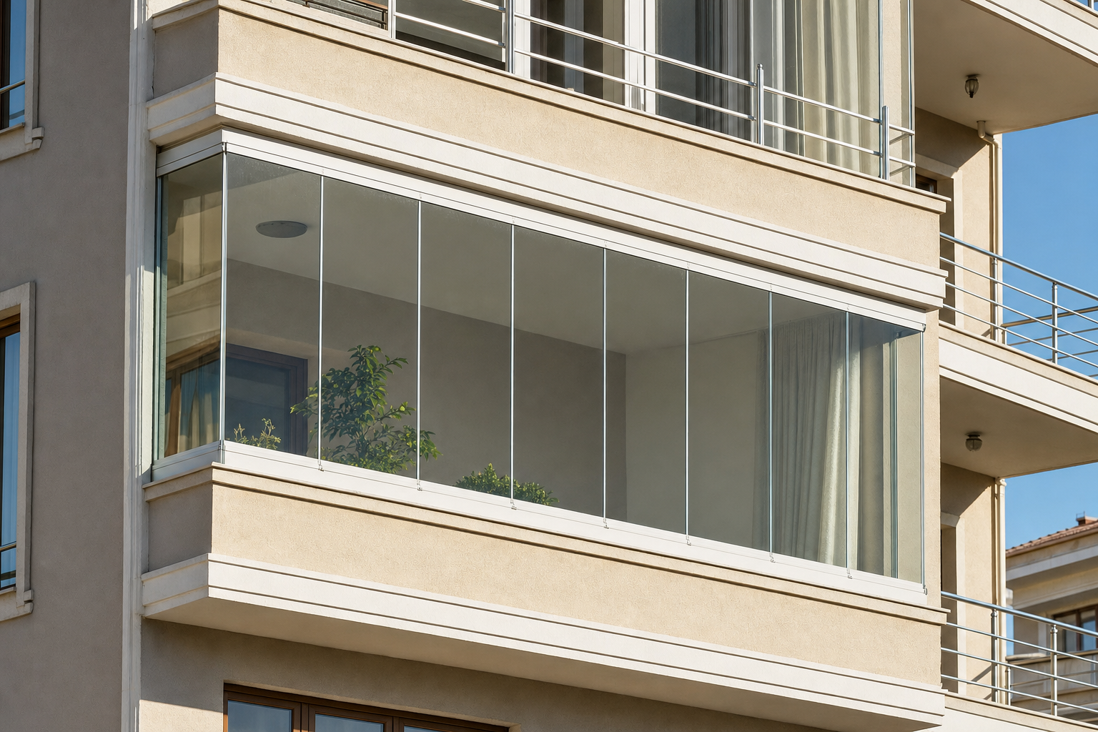 Cam balkon ile kapatılmış modern apartman balkonu